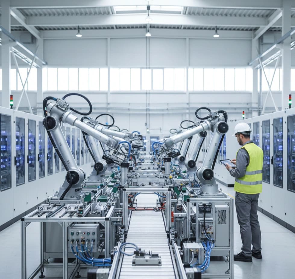 Modern automated production line with robotic arms